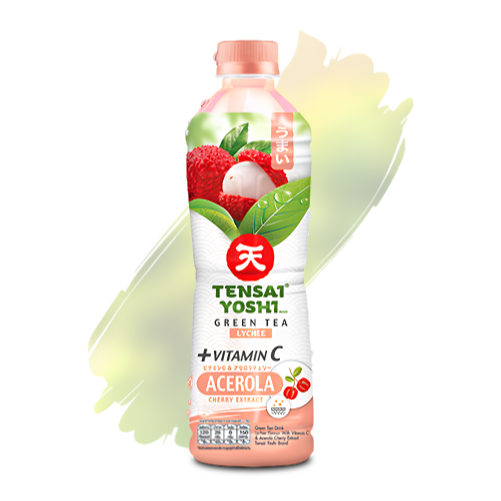เทนไซโยชิ น้ำชาเขียว กลิ่นลิ้นจี่ ผสมวิตามินC และสารสกัดอะเซโรลา เชอร์รี่ 440 มล - 1