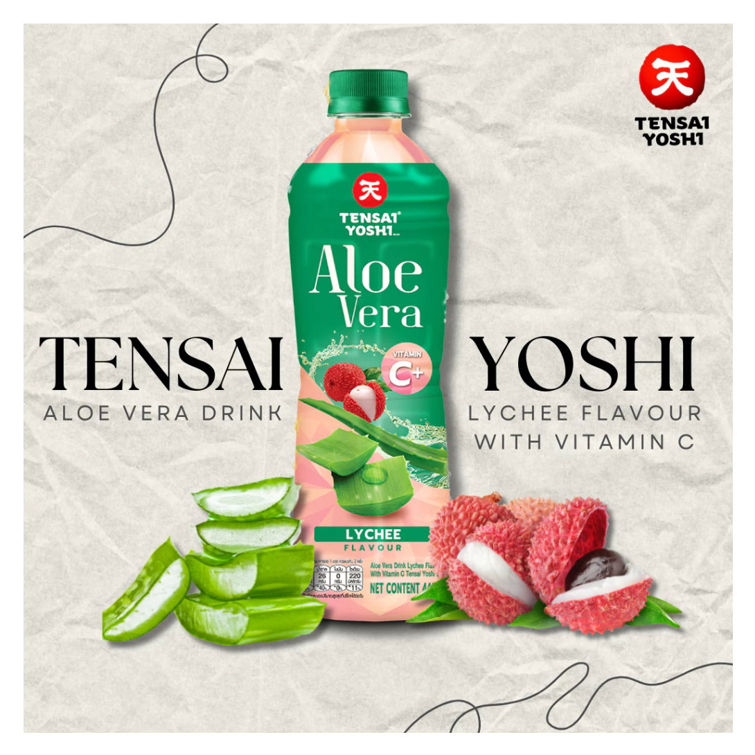 เทนไซโยชิ เครื่องดื่มน้ำว่านหางจระเข้กลิ่นลิ้นจี่ ผสมวิตามินซี 440มล - 1