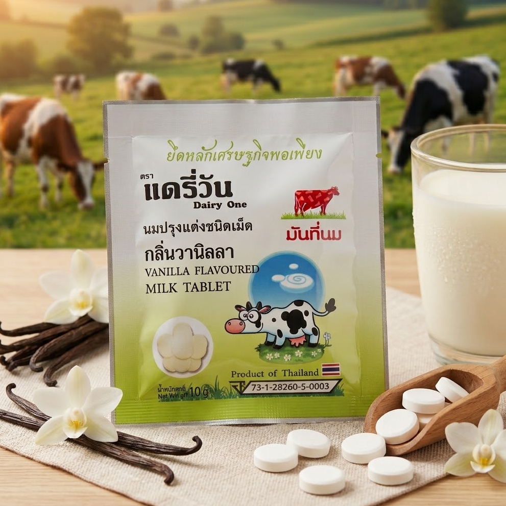 นมอัดเม็ด ตราแดรี่วัน กลิ่นวานิลลา (10 กรัม : แบบซอง / 120 กรัม : แบบกล่อง) - 1