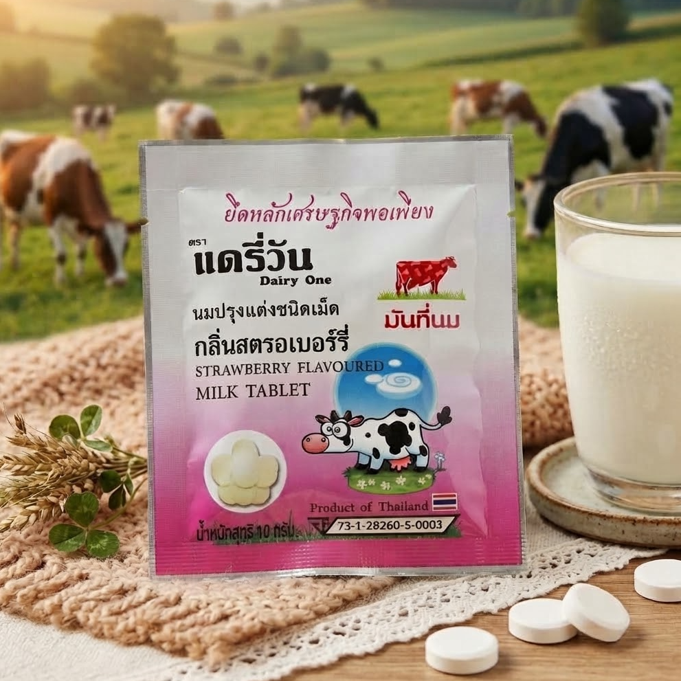 นมอัดเม็ด ตราแดรี่วัน กลิ่นสตรอว์เบอร์รี (10 กรัม : แบบซอง / 120 กรัม : แบบกล่อง) - 1